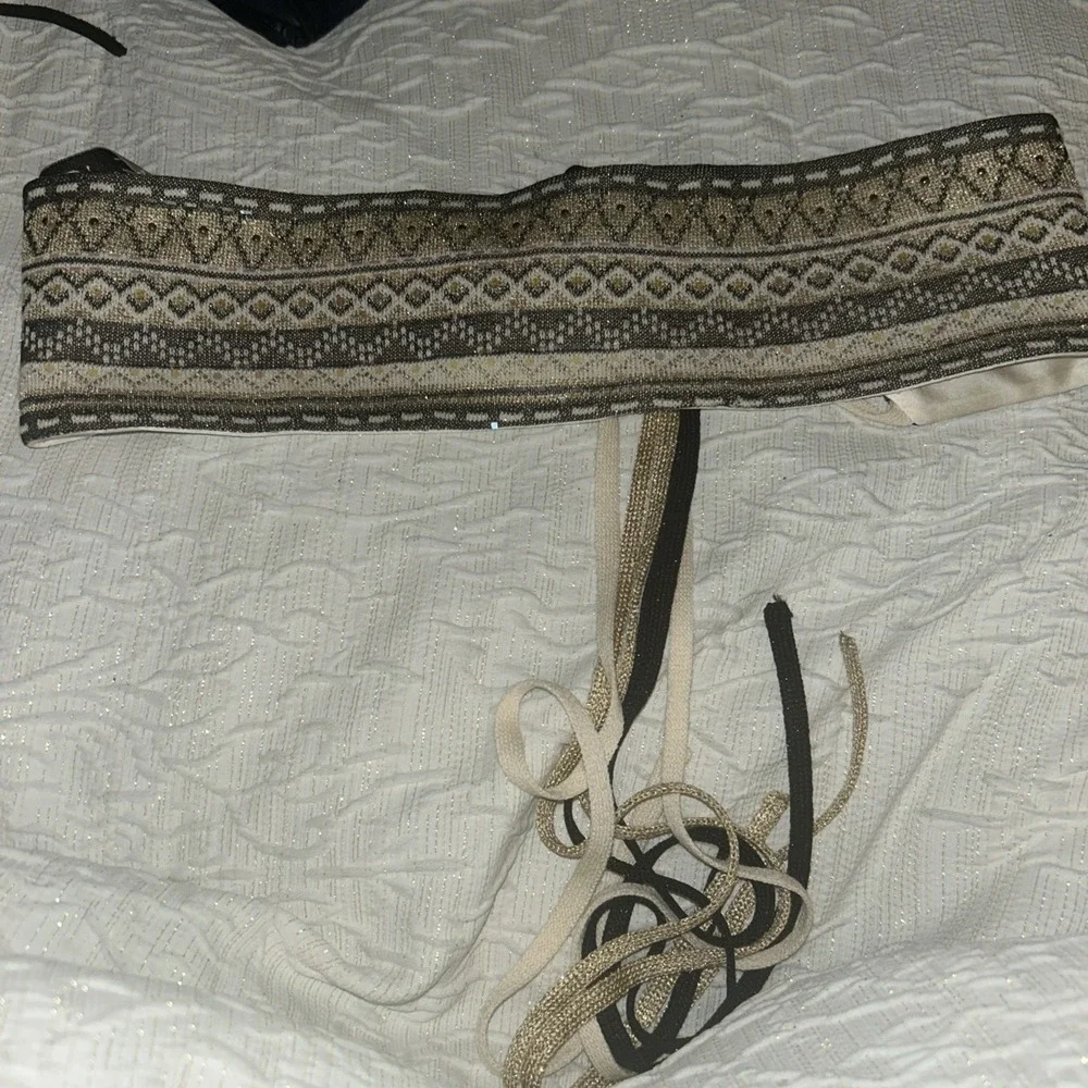 St John Evening by Marie Gray Beaded Metallic Sash Belt Ivory Black Gold VTG USA